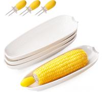 DAFUCERAMIC Porcelain Corn Cob Holders 8.8" Corn Dishes Set of 4 White Dishes With Stainless Steel Corn Cob Holders 4 pcs Microwave Dishwasher Oven Safe