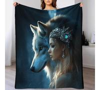 DAFUfbw Gray Wolf & Girl Fleece Blanket Sofa Throw - Fluffy Soft Warm Versatile Alpha Pair Blanket for Sofa/Couch/Bed Throw/80x90inch(200x230cm) Eco-Friendly Recycled Fleece Blankets