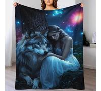 DAFUfbw Gray Wolf & Girl Fleece Blanket Sofa Throw - Fluffy Soft Warm Versatile Starlit Sky Blanket for Sofa/Couch/Bed Throw/80x90inch(200x230cm) Eco-Friendly Recycled Fleece Blankets