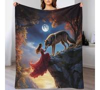 DAFUfbw Large Fleece Wolf The Guardian of The Girl Throw Blanket 50x60inch(127x152cm) for Couch, Sofa, 340GSM Super Soft & Warm Blankets, Full Moon Throw All Season Use, Cozy, Plush, Lightweight