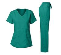 Dagacci Medical Uniform Junior Style-Tab Waist Wrap Top & Unisex Multi-Pocket Pants Teal Green XXS