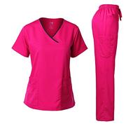 Dagacci Medical Uniform® Scrubs for Women Set - Natural Stretch Contrast Binding Top and Pants Sets for Women - 9 Pockets, Hot Pink, Medium