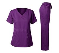 Dagacci Medical Uniform® Scrubs for Women Set - Natural Stretch Ultra Soft V-Neck Top and Pants Sets for Women - 9 Pocket, Egg Plant, S