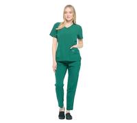 Dagacci Medical Uniform Women's Fitted 4-Way Stretch Y Neck Natural Stretch Scrub Set, Hunter Green, L