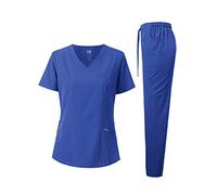 Dagacci Medical Uniform Women's Scrub Set 4-Way Stretch Y-Neck Stitch Tape Top and Pants, 4-way Stretch - Royal Blue, Large
