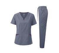 Dagacci Medical Uniform Women's Scrubs Set 4-Way Stretch Split Contrast Net and Pocket - grey - Medium