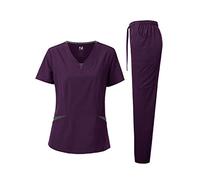 Dagacci Medical Uniform Women's Scrubs Set 4-Way Stretch Split Contrast Net and Pocket - purple - Small
