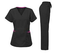 Dagacci Medical Uniform Women's Scrubs Set Stretch Ultra Soft Contrast Pocket, Black, XXL