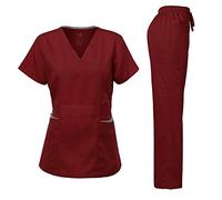Dagacci Medical Uniform Women's Scrubs Set Stretch Ultra Soft Contrast Pocket, Burgundy, Large