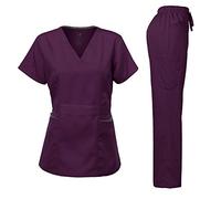 Dagacci Medical Uniform Women's Scrubs Set Stretch Ultra Soft Contrast Pocket, Eggplant, XXS