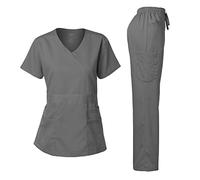 Dagacci Medical Uniform Women's Scrubs Set Stretch Ultra Soft Y-Neck Wrap Top and Pants Pewter Gray M