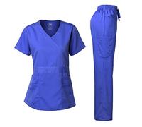 Dagacci Medical Uniform Women's Scrubs Set Stretch Ultra Soft Y-Neck Wrap Top and Pants Royal Blue L