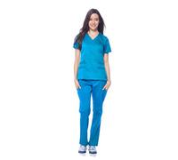 Dagacci Medical Uniform Women's Scrubs Set Stretch Ultra Soft Y-Neck Wrap Top and Pants Turquoise S