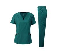 Dagacci Scrubs for Women Set - 4-Way Stretch Top and Pants Womens Scrub Sets, Contrast V-Neck and Pocket, 4-way Stretch - Teal Green, Medium