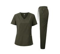Dagacci Scrubs for Women Set - 4-Way Stretch Top and Pants Womens Scrub Sets, Contrast V-Neck and Pocket, 4-way Stretch - Olive Green, Medium