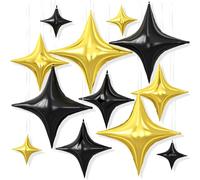 Dagelar 12PCS Star Balloons, 26/18/10 Inch Star Foil Balloons, Metallic Four Pointed Stars Balloon for Birthday Baby Shower Graduation Wedding Anniversary New Year Party Decoration, Black Gold