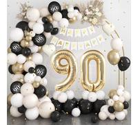 Dagelar 90th Birthday Decorations Black Gold Sand White,90th Balloon Arch Garland Kit With Champagne Number 90 Foil Balloons,Happy Banner for Women Men Party Decoration