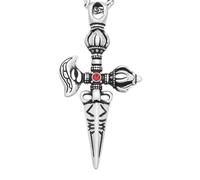 Dagger-Shaped Pendant Necklace, Lotus-Bud Guard with Red Stone Center | Tapered Tip, Dotted Band, Fan-Like Side Motif, Carved-Look Lines, Antique Finish, Old-World Style, Everyday Wear