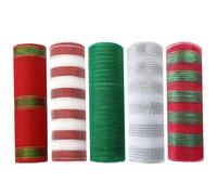 DAGLLGEW 5 Rolls Deco Mesh 10 Inch Rolls 10 Yard Red White Green Silver Stripe Mesh Ribbon for Wreaths Christmas Tree Swags Craft Winter Holiday Party Decor Deco Ribbon Inch Clearance