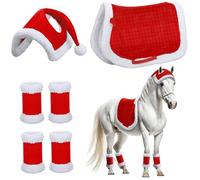 DAGLLGEW 6Pcs/Set Christmas Costumes Includes Christmas Santa Red Horse Hat, 4pcs Horse Leg Wraps & Saddle, Soft Thick Plush Xmas Costumes for Horses Decor Saddle