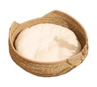 DAGLLGEW Cat Basket Bed 17 Inch Round Rattan Cat Bed with Cotton Cushion Scratch-Resistant Washable Sleeping Nest Nest Wicker Basket