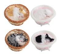 DAGLLGEW Fake Cat, 4Pcs Cute Realistic Mini Cat Toys for Kids Boys Girls, 5x2in Safe Compact Sleeping Kitten in Woven Basket for Office Desk Hand Toy Gift Nap Toy Mini Cats