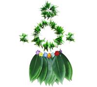 DAGLLGEW Hula Skirt for Adult 5PCS/Set Green Leaf Skirt with Necklaces Bracelets Headband Hawaiian Fancy Dress for Beach Luau Party Favors, M Hula Skirts for Adults Grass Hawaiian Fancy Dress Women