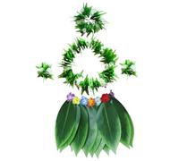 DAGLLGEW Hula Skirt for Kids 5PCS/Set Green Leaf Skirt with Necklaces Bracelets Headband Hawaiian Fancy Dress for Beach Luau Party Favors, S Hula Skirts for Adults Grass Hawaiian Fancy Dress Women