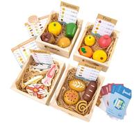 DAGLLGEW Wooden Play Food Set 4-Type Cute Food in Basket Wooden Kitchen Toys Imaginary Buying & Selling Montessori Toys for Girls Boys 3+ Kitchen Play Accessories