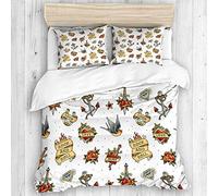 DAHALLAR bedding-Duvet Cover Set,Old school tattoo vintage pattern on white background,Microfibre 200x200 with 2 Pillowcase 50x80,Double