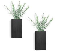 Dahey 2 Pack Wood Wall Planter Vase with Artificial Eucalyptus Farmhouse Wall Hanging Decor Pocket Planter for Indoor Fake Plants Greenery, Living Room Bedroom Kitchen Home Office Decoration, Black