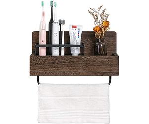 Dahey Wall Mounted Toothbrush Holder Wooden Electric Toothbrush Organizer Multifunctional Stand Towel Rack Toothpaste Dispensers Rustic Farmhouse Bathroom Decor
