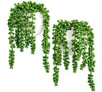 Dahey Wall Planters with Fake String of Pearls Plant Artificial Succulent Small Modern Ceramic Mounted Planter Round Hanging Wall Vase Display Holder for Indoor Garden Office Decor, Set of 2