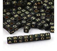 DAHI 1000pcs Letter Beads Square Craft Beads Acrylic Cube Bead Mixed Black with Gold Letter A-Z Cube Bead for Jewelry Crafting (Gold-Black)
