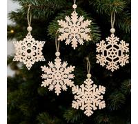 DAHI 32pcs Christmas Snowflakes Wooden Pendant, 4 Design Christmas Tree Snowflakes, 7.5cm Vintage christmas Pendant for Winter Decor (Beige-A)
