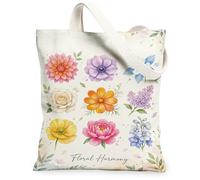 Dahlia Canvas Tote Bag for Women, Floral Vibrant Rose Anemone Spring Pastel Washable Reusable Aesthetic Tote Bag Ideas for, Pastel, 13x15 Inch