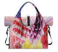 Dahlia Flower USA Flag Sports Duffle Bag with Shoe Compartment Flower Weekend Overnight Bags Tote Cabin Luggage Bag for Gym Yoga Travel