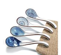 DAHO GOMSU Asian Ceramic Soup Spoon, with Long Handle Easy to Hold, Non-slip Bottom, for Japanese Ramen, Chinese Wonton, Dumplings, Pho, Noodle Soup Spoons, Set of 4 (V86)