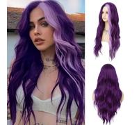 Dai Cloud Dark Purple Wavy Long Wigs for Women Natural Curly Middle Part with Light Purple Highlight Heat Resistant Synthetic Hair Wig for Halloween Cosplay