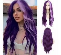 Dai Cloud Long Curly Wavy Dark Purple Wig for Women Light Purple Highlight Hair Synthetic Natural Middle Parting Daily Party Halloween Cosplay Wig with Wig Cap