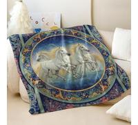 Dai Pink Dream Printed Flannel Blanket, Luxury Fleece Throw with Five White Horses & Totem Weaving Design, Perfect for Animal Lovers' Couch Bed Use (05,180x200cm)