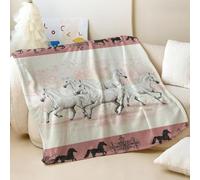 Dai Pink Dream Printed Flannel Blanket, Luxury Fleece Throw with Five White Horses & Totem Weaving Design, Perfect for Animal Lovers' Couch Bed Use (01,130x150cm)