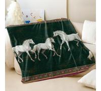 Dai Pink Dream Printed Flannel Blanket, Luxury Fleece Throw with Five White Horses & Totem Weaving Design, Perfect for Animal Lovers' Couch Bed Use (02,100x150cm)