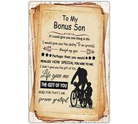DAIERCY Creative Metal Tin Sign - To My Bonus Son Vintage Wall Decor, Bonus Son Gift For Son Stepson from Dad,Present for Birthday Christmas Graduation Inspirational Poster 5.5x8 inches