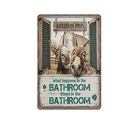 DAIERCY Donkey Tin Signs - Funny Bathroom Wall Art - What Happen in Bathroom Stay in - Vintage Metal Sign Plaqu Poster Wall Art Pub Bar Kitchen Garden Bathroom Home Decor, 140x200 mm
