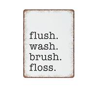 DAIERCY Flush, Wash, Brush, Floss Tin Signs Funny Vintage Metal Sign Plaqu Poster Wall Art Pub Bar Kitchen Garden Bathroom Home Decor, 12x16 inches