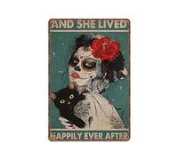 DAIERCY Funny Vintage Sign And She Lived Happily Ever after Black Cat Print & Wicked Witch Halloween Witch Sugar Skull Metal Tin Signs for Kitchen Garden Garage Bathroom Wall Decor 8X12 Inches