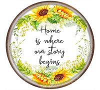 DAIERCY Home is Where Our Story Begins Fun Tin Sign Sunflower Home Wreath Sign Office Quote Wall Art Home Decor Motivational Inspirational Poster Round Metal Sign 12x12 Inch