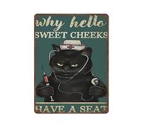 DAIERCY Retro Nurse Metal Tin Sign-Why Hello Sweet Cheeks Black Cat Nursing Vintage Sign -Novelty Posters,Home Decor Wall Art,Funny Signs for Home/Kitchen/Garage/Man Cave,Size 16x12 inches