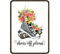 DAIERCY Shoes Off Please Fun Tin Sign Entry Sign Foyer Sign Watercolor Floral Sneakers Wall Art Home Decor Quote Printable Metal Sign Houseswarming Gift 5.5x8 Inch